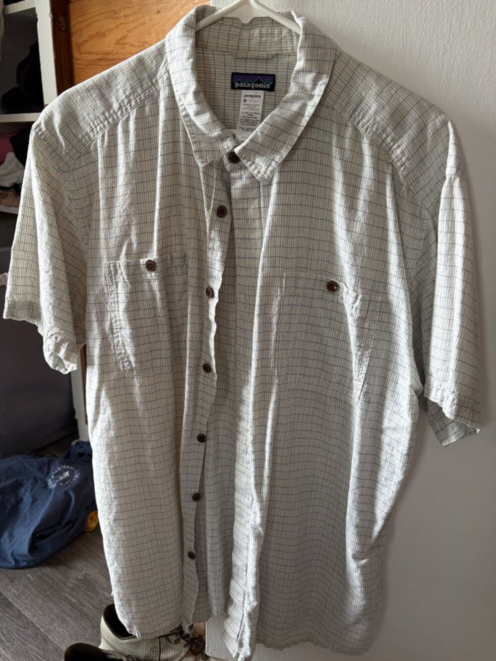 Patagonia Organic Cotton Hemp Plaid Grid Short Sleeve Button Up Men's Size XL